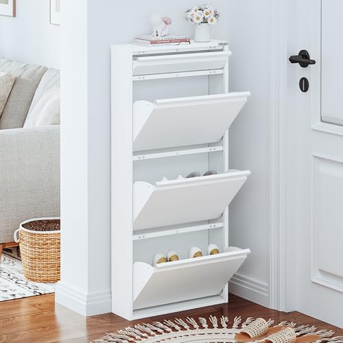 VEEHAUS Schuhregal Schmal Metall Schuhschrank Hoch Schuhkipper mit Magnetische Abdeckung Metall Montiert Schuhschrank Schmal und Wandmontage (Weiß, 3+1 Klappen)