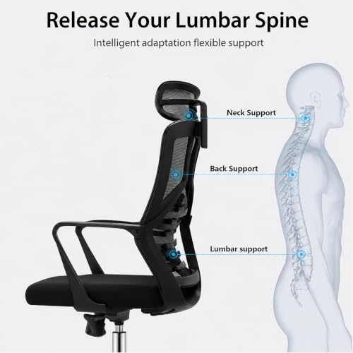 Image of Ergonomic High Back Mesh Office Chair with Headrest - Black Revolving Executive Desk Chair with Breathable Mesh Back, Fixed Armrest & Chrome Base for Home & Office