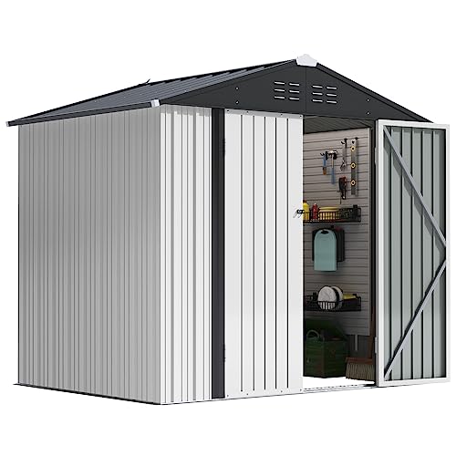 Greesum Metal Outdoor Storage Shed 8FT x 6FT, Steel Utility Tool Shed Storage House with Door & Lock, Metal Sheds Outdoor Storage for Backyard Garden Patio Lawn, White Greesum Metal Outdoor Storage Shed 8FT x 6FT, Steel Utility Tool Shed Storage House with Door & Lock, Metal Sheds Outdoor Storage for Backyard Garden Patio Lawn, White