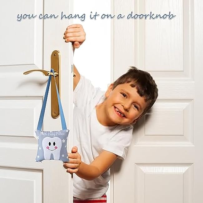 Tooth Fairy Pillow with Pocket for Kids Tooth Keepsake Pouch Tooth Fairy Bag on Back Toothfairy Gift for Boys and Girls, 6.8 x 6.8 inches (Light Blue)