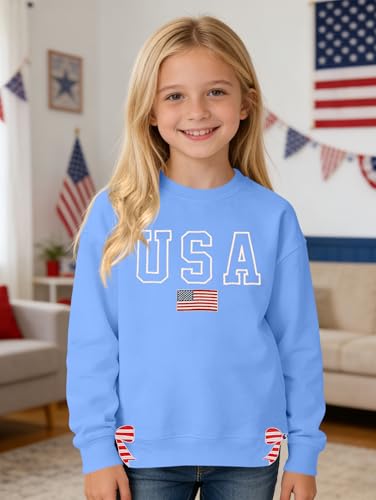 Image of Ithalt Kids USA Sweatshirt Boys Girls 4th of July Shirt American Patriotic Pullover with Embroidered Side Slits 5-14y