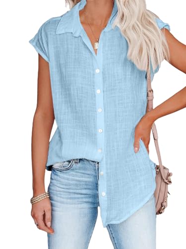 Bluse Damen Sommer Leinenbluse Kurzarm V-Ausschnitt Musselin Bluse Oberteile Button Down Leinenhemd Revers Kragen Arbeit Blusenshirt Elegant Baumwolle Leinen Shirt