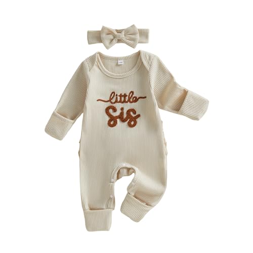 Image of allshope Infant Baby Girl Fall Outfit Sweatshirt Romper Daddy Little Girl Embroidery Jumpsuit Bodysuit Newborn Waffle Clothes