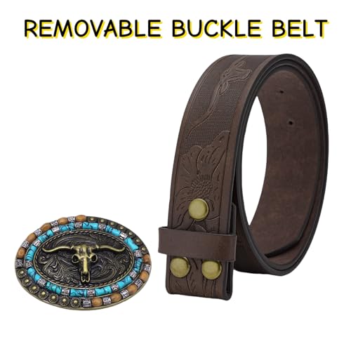 JUMISEE Longhorn Bull Western Leather Cowboy Belts for Men Women Engraved Buckle Belt Cowgirl Country Waist Belts2