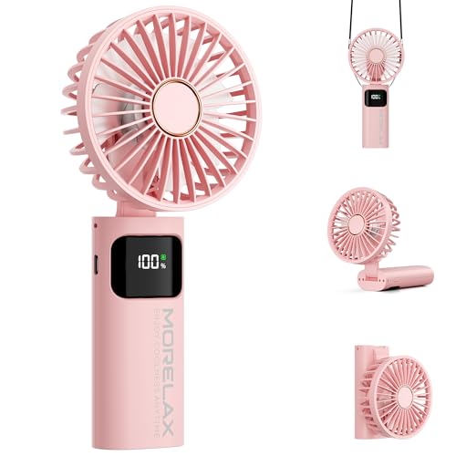 Handventilator, Tragbarer Mini Ventilator, 5200mAh Wiederaufladbar, Kleiner Taschenventilator Mit 6 Geschwindigkeitsstufen, 180° Faltbarer USB-Ventilator für Zuhause, Büro, Schule, Outdoor, Rosa