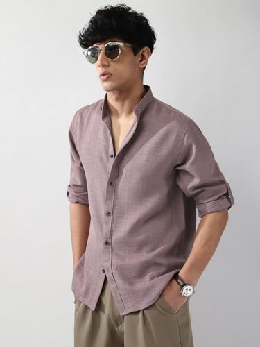 Image of Urbano Fashion Men's Linen Blend Full Sleeve Relaxed Fit Mandarin Collar Casual Solid Shirt