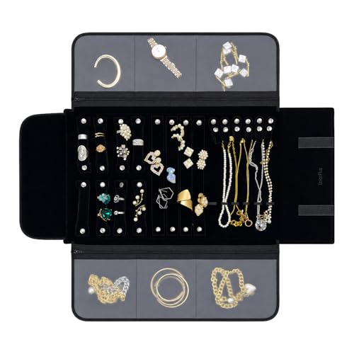 Image of UnionPlus Velvet Jewelry Roll Organizer, Travel Jewelry Case with Multiple Compartments for Rings Earrings Necklaces Bracelets, Compact Portable Jewelry Storage