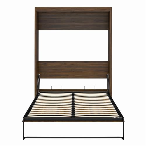 REALROOMS Halstead Full Size Murphy Bed with Storage, Space-Saving Fold-Out Wood Wall Bedframe for Guest Room or Bedroom, Columbia Walnut