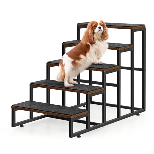 Pet Stairs for High Bed & Couch - 5 Steps Non-Slip Dog Stairs for Small Dogs & Older/Injured Pets, Brown