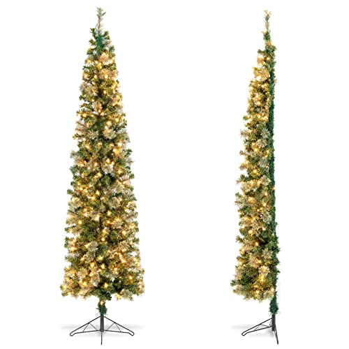 COSTWAY 7FT Prelit Half Christmas Tree, Slim Full Xmas Tree with with 403 Branch Tips & 150 Lights...