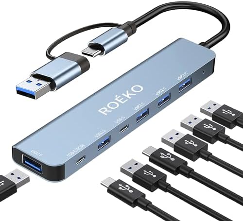 USB HUB 7-in-1, USB C HUB,USB 3.0 HUB with Multiport Adapter | USB Splitter with 1xUSB 3.0,4xUSB2.0,2 x Usb C,Hub for MacBook Pro/PC/Laptop/Tablet Devices (Grey 7in1)