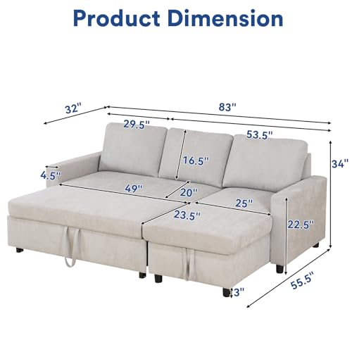 Image of Rovibek 83 inch Convertible Sofa Bed Couch with Storage - 4 in 1 L Shaped Sofa with Pull Out Couch Bed for Living Room, Apartment, Office, Small Spaces, Light Grey