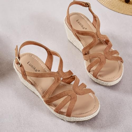 Image of Luoika Women's Wide Width Wedge Sandals, Ankle Strap Open Toe Platform Espadrille Wedge Pump Heel Women's Sandals Concise Casual Summer Shoes. Brown 816 7XW
