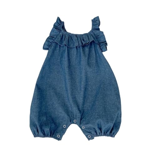 Image of HOOLCHEAN Baby Girl Cotton Chambray Romper Sleeveless Ruffle Bubble Jumpsuit Denim Blue for Infant Toddler