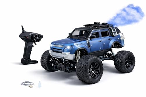 Image of 200+ Feet Range Rechargeable Metal Body Defender RC Rock Crawler Car with Double Mist Spray, LED Headlights, Type-C Port, Off-Road Remote Control Monster Truck Toy for Kids (Blue)