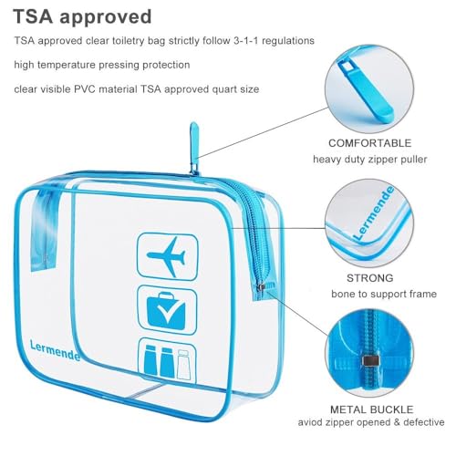Image of 2pcs /pack Lermende Clear Toiletry Bag TSA Approved Travel Carry On Airport Airline Compliant Bag Quart Sized 3-1-1 Kit Luggage Pouch (Blue)