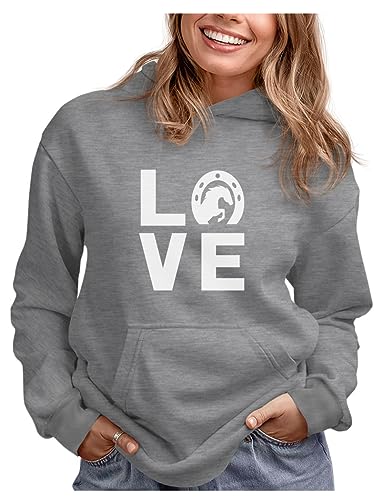 Tstars Horse Hoodie for Women and Teen Girls - Horseshoe LOVE Graphic Pullover - Gift for Riders, Owners, and Equestrian Fans Large Gray