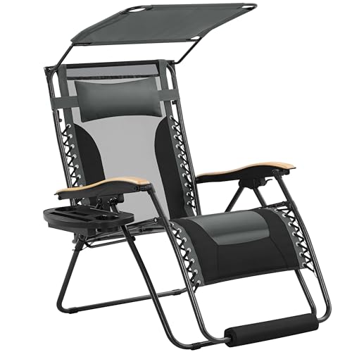 Yaheetech 29in Zero Gravity Chair, Adjustable Patio Padded Anti Gravity Recliner Foldable Outdoor Lounger with Cup Holder Tray, Canopy Shade and Headrest for Beach Camping Gray/Black/1