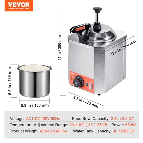 Image of VEVOR Hot Cheese Pump, 2.3 Qt Nacho Cheese Warmer with Pump, Stainless Steel Hot Fudge Warmer with Pump 650W Cheese Dispenser, 30-110℃ Temp Adjustable, for Hot Fudge Cheese Caramel