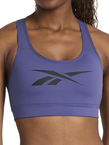 Image of Reebok Apparel Women's Lux Vector Racerback Bra, Slim Fit, Lightweight Stretch Nylon Interlock Fabric, Moisture-Wicking, Twilight Purple, M