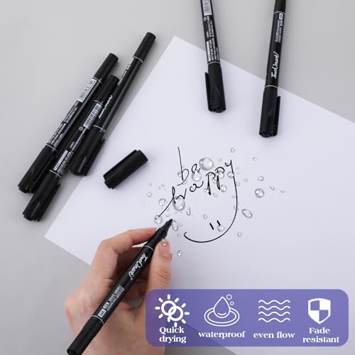 Jeffdad 6 Stück Permanent Marker Fein, 0.5/1.0mm Doppelspitze Permanenter Marker Schwarz Wasserfest Filzstifte mit Feiner Spitze Permanent Marker Dünn für Glas Stein Holz Keramik Zeichnen(Schwarz)