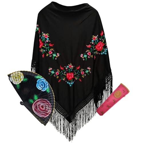 Planta Color Pack Tradicional Español: Mantón con Bordado de Preciosas Flores, Abanico de Madera Pintado a Mano y Funda Artesanal Hecha en España (Negro 3)