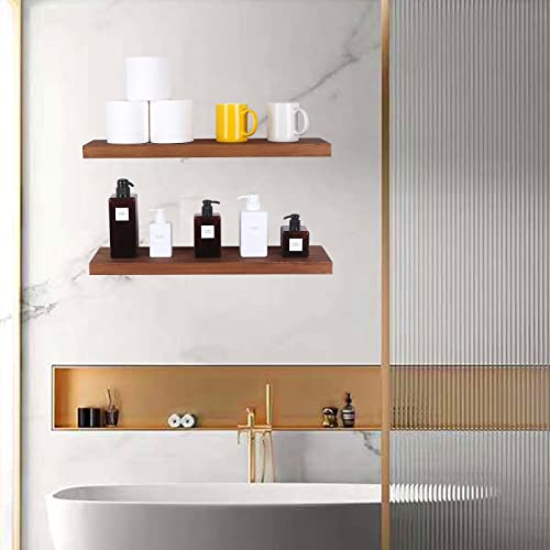 Qtsartisan Floating Shelf Set — Rustic Solid Wood Hanging Rectangle Wall Shelves With Invisible Metal Brackets For Bedroom, Bathroom, Living Room And Kitchen(Light Walnut, 24" X 5.9") #TOP5