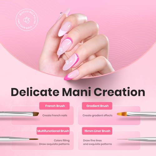 Image of Beetles Nail Art Brushes, 6 Pcs Fingernail Art Design Pens, Pink Handle French Tip Ombre Clean Up Nail Brush Set for Gel Polish with Palette DIY Manicure Tools Gift for Women