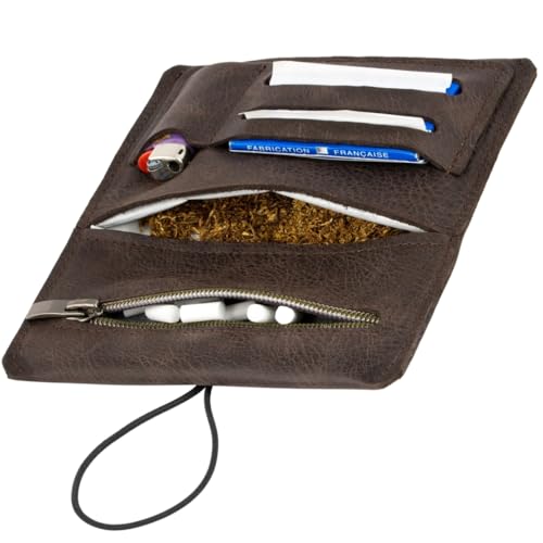 Tabaktasche aus Leder für 30g Tabakbeutel, Echtleder Dreher-Tasche inkl. Filterfach und Plättchen-Halter (Dunkelbraun)