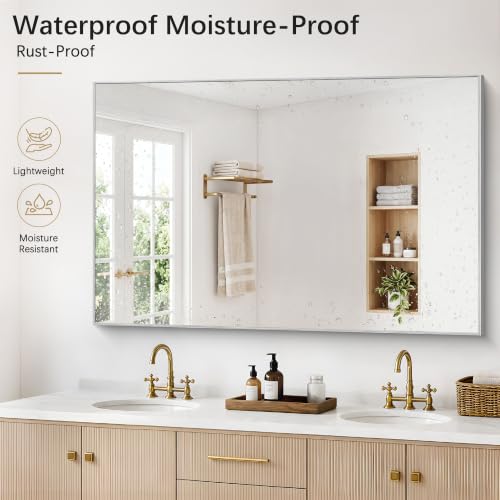 Image of DESBING 60 inch x 40 inch Bathroom Mirror, Silver Metal Frame Wall Mirror | HD Image,Shatterproof Decorative Rectangular Vanity Mirror for Bedroom Bathroom Living Room Entryway Horizontal or Vertical