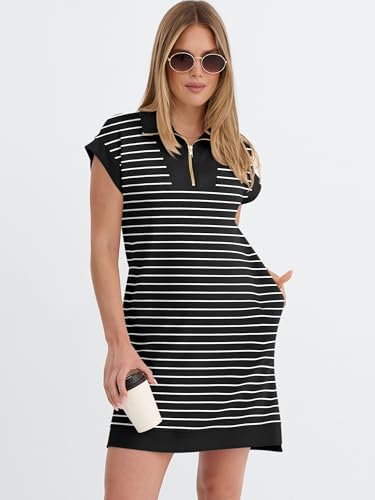 Image of ANRABESS Womens Summer Casual Half Zip Cap Sleeve Trendy Wrinkle-Free Tshirt Dress 2026 Spring Beach Vacation Short Dresses