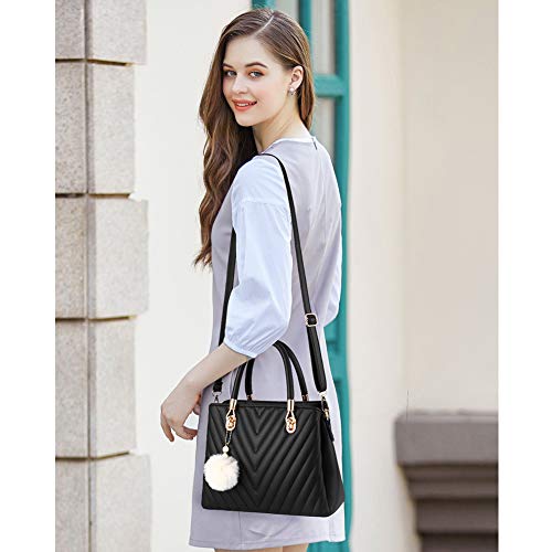 Image of I IHAYNER Womens Leather Handbags Purses Top-handle Totes Satchel Shoulder Bag for Ladies with Pompon