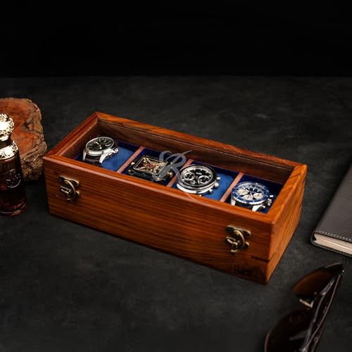 Image of Royal Craft Expertise 4 Slot Wooden Watch Organizer for Men - Luxury Watch Storage Case | Glass Top Watch Display Holder | Indian Rosewood Timepiece Box