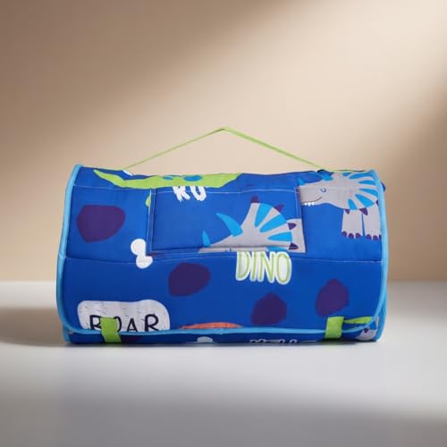 Image of EVERYDAY KIDS Nap Mat with Removable Pillow - Roarin' Dinos - Carry Handle with Straps Closure, Rollup Design, Soft Microfiber for Preschool, Daycare, Travel Sleeping Bag - Ages 3-6 Years