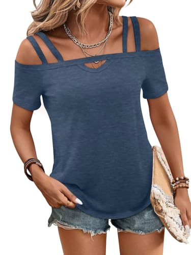 Image of Bliwov Womens Cold Shoulder Tops Short Sleeve Cute Sexy Summer Spring Beach Vacation T Shirts Fashion Outfits Basic Clothes