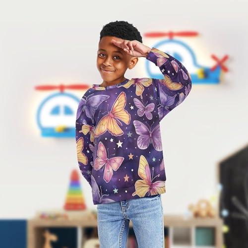 JUNZAN Butterflies and Stars Purple Kids Boys Pullover Hoodie Crewneck Hoodie for Boys Party 4T4