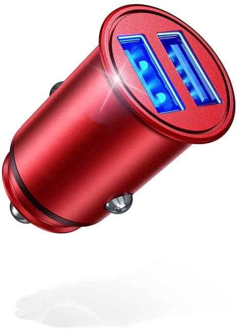 Mini Dual USB 24W Car Charging Plug, Fast Charge Portable - Power Drive Flush Fit Car Charger, Cigarette Lighter Adapter Compatible with iPhone Smartphones and Tablets (Red)