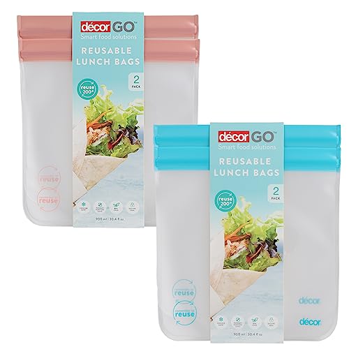 Décor Reusable Food Storage Bags - Pack of 2 | Freezer Sandwich Bags | Airtight, Leakproof Seal | Blue/Pink