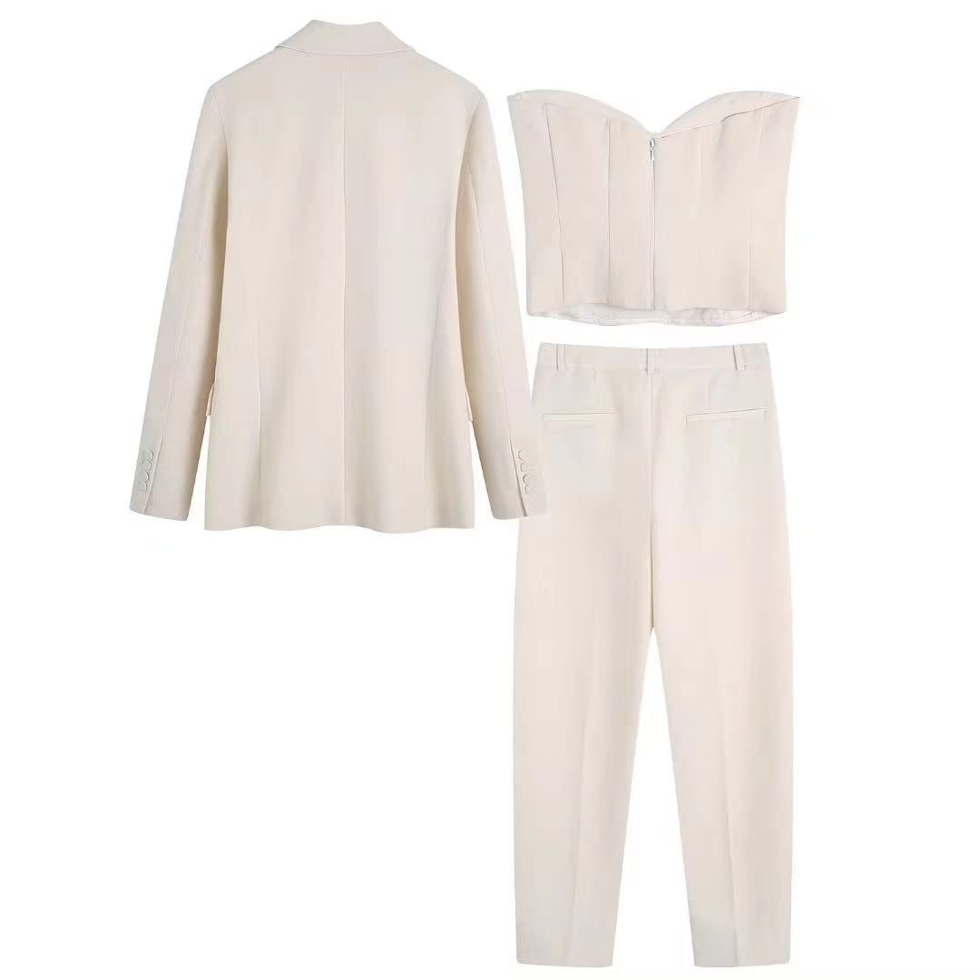 Traje ajustado de doble botonadura para mujer, 3 piezas, casual, oficina, cintura alta, pantalones sueltos, cuello en V