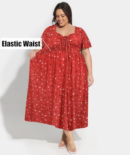 Image of CARCOS Plus Size Dresses for Curvy Women Tie Sweetheart Neck Summer Maxi Dress Short Sleeve Empire Waist Floral Boho Dress