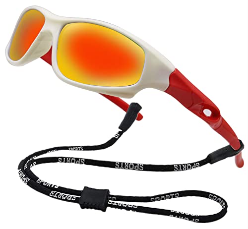 Kids Flexible Polarized Uv Protection Sunglasses For Boys Girls Age 3-10 With Strap (White Red Mirrored Orange) #TOP7