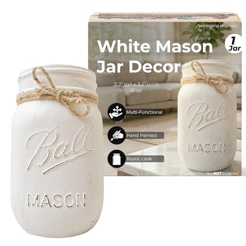 Small White Mason Jar Decor | 16 oz Hand Painted Distressed Pint Jar | 5 Inch | Rustic Farmhouse Decor | Pencil Holder for Desk | Pen Cup | Small Vase for Flowers (White Jar - No Flowers)