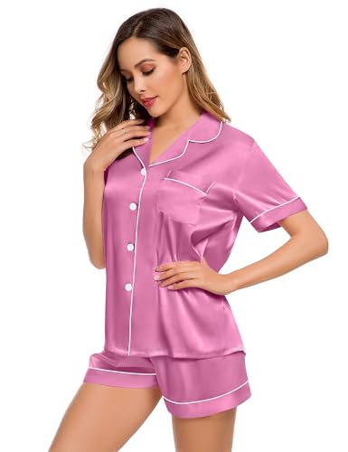 Image of LecGee Womens Silk Satin Pajamas Short Sleeve Loungewear Two-Piece Sleepwear Button-Down Pj Set Mauve Pink X-Large