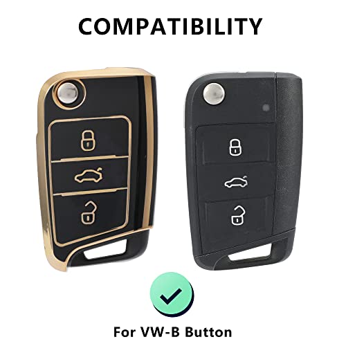 Image of Keyzone TPU car Key Cover and Keychain Compatible for Skoda Slavia, Kodiaq, Kushaq, Karoq, Octavia 3 Button flip Key (Gold Black with Gold Black KZ Keychain)