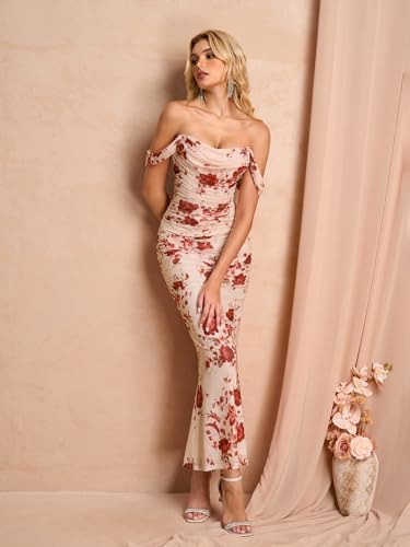 Image of KUTUMAI Off The Shoulder Maxi Long Dress Corset Ruched Bodycon Cocktail Formal Wedding Guest Dresses for Women