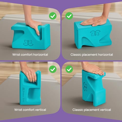 PRO Yoga Blocks | Ergonomic Yoga Block 2 Pack for Wrist Comfort and Support | EVA Foam Exercise Blocks, 2x Knee Pads & Yoga Strap | Pilates Block Set | Bricks to Eliminate Wrist Pain - Image 4