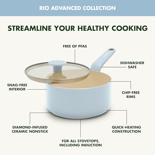 Image of GreenPan Rio Advanced 2QT Saucepan with Lid, Ceramic Nonstick PFAS-Free Pans, Induction Ready, Dishwasher and Oven Safe, Blue