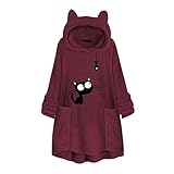 OutTop Women Fuzzy Sweater Hoodies Funny Cat Fleece Lined Hooded Pullover Sweatshirt Fall Winter Loose comfy Tunic Tops (Red, XXXXXL)