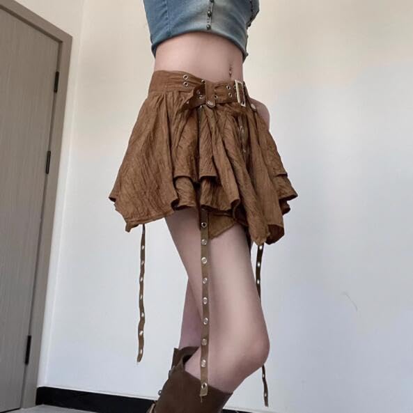 CORIRESHA Women's Retro Gothic Irregular Pleated Hem Ribbon High Waist Mini Skirt4