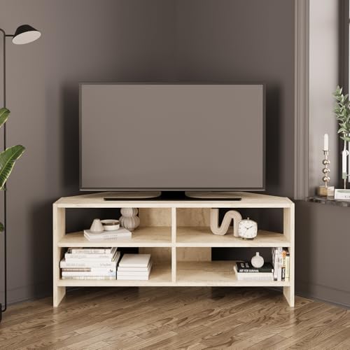 Bimossa Roy Corner TV Stand – Space-Saving TV Unit for 43–48'' TVs, Compact Media Console with Open Shelves & Cabinet, Ready to Assemble, (Travertine)